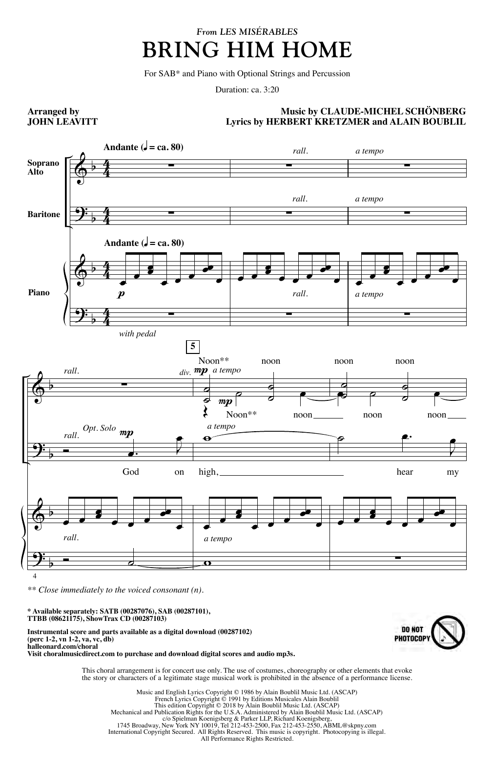 Boublil & Schonberg Bring Him Home (from Les Miserables) (arr. John Leavitt) sheet music notes and chords. Download Printable PDF.