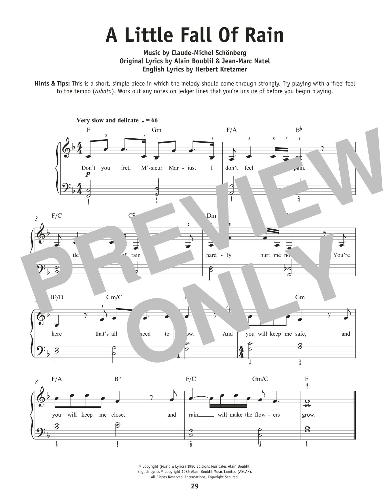 Boublil and Schonberg A Little Fall Of Rain (from Les Miserables) sheet music notes and chords. Download Printable PDF.