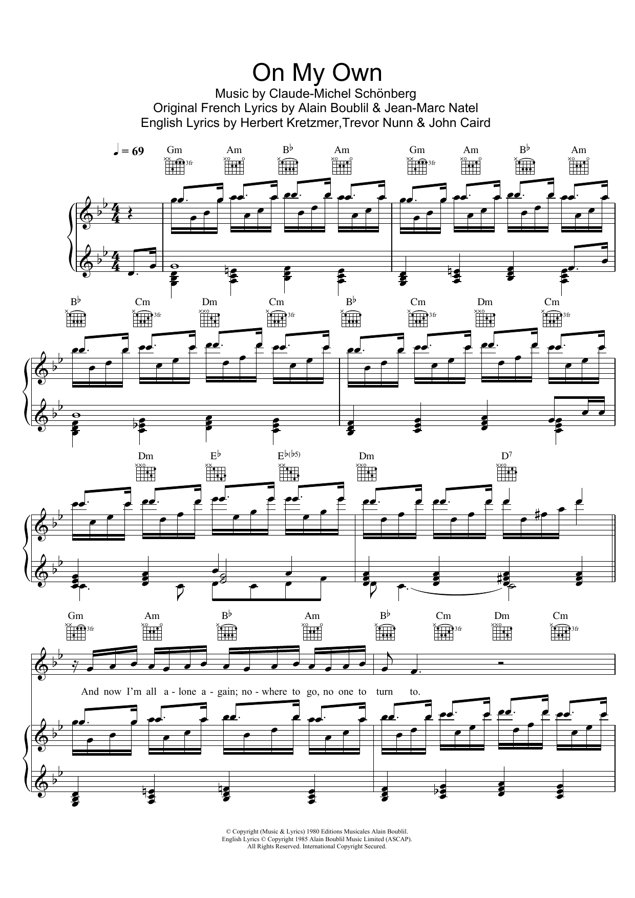 Boublil and Schonberg On My Own (from Les Miserables) sheet music notes and chords. Download Printable PDF.