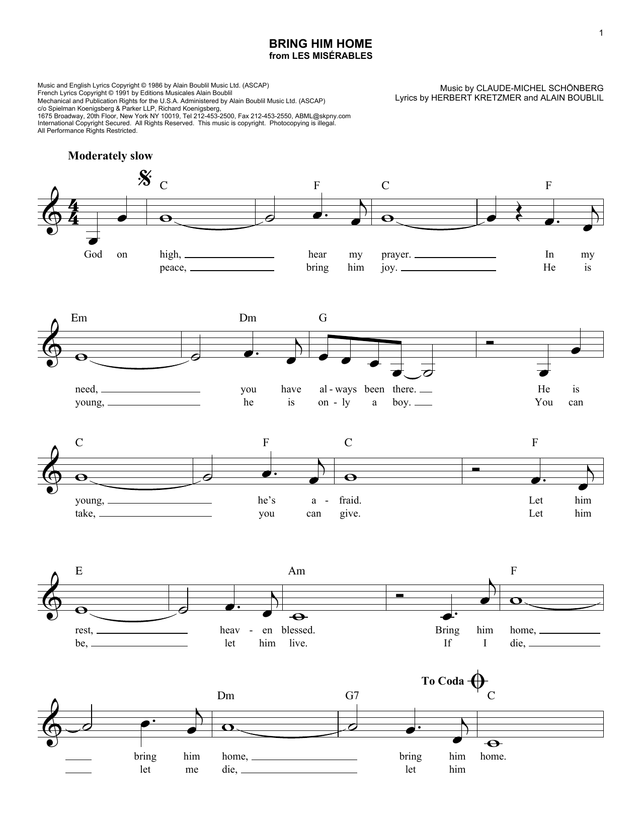 Boublil Schonberg Bring Him Home From Les Miserables Sheet Music Pdf Notes Chords Broadway Score Lead Sheet Fake Book Download Printable Sku 439332