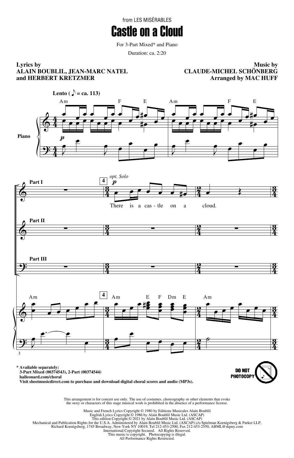 Learn to play Boublil & Schonberg Castle On A Cloud (from Les Miserables) (arr. Mac Huff) sheet music for 3-Part Mixed Choir in minutes. Price: 3.9900$ Boublil & Schonberg Castle On A Cloud (from Les Miserables) (arr. Mac Huff) sheet music notes and chords arranged for 3-Part Mixed Choir