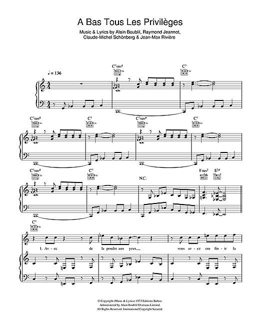 Learn to play Boublil and Schonberg A Bas Tous Les Privileges sheet music for Piano, Vocal & Guitar in minutes. Boublil and Schonberg A Bas Tous Les Privileges sheet music notes and chords. Download Printable PDF.