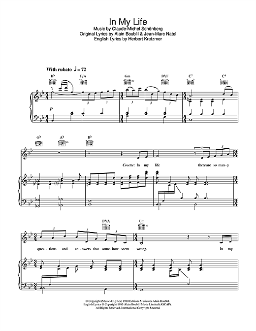 Boublil and Schonberg "In My Life (from Miserables)" Sheet Music PDF Notes, | Musical/Show Score Beginner Piano Download Printable. SKU: 118277