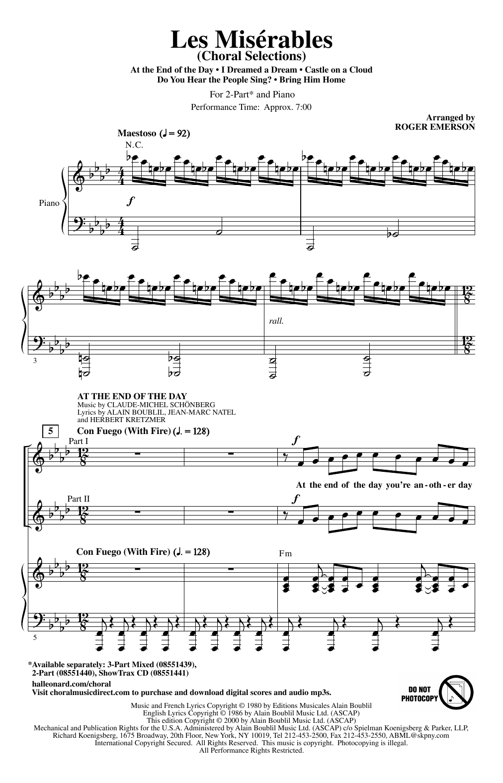 Learn to play Boublil and Schonberg Les Miserables (Choral Selections) (arr. Roger Emerson) sheet music for 2-Part Choir in minutes. Price: 5.9900$ Boublil and Schonberg Les Miserables (Choral Selections) (arr. Roger Emerson) sheet music notes and chords. Download Printable PDF.