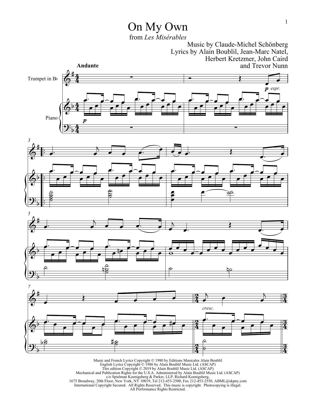 Boublil and Schonberg On My Own (from Les Miserables) sheet music notes and chords. Download Printable PDF.