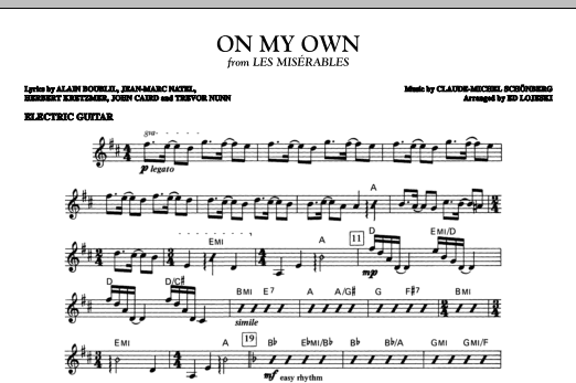 Learn to play Boublil and Schonberg On My Own (from Les Miserables) (arr. Ed Lojeski) - Electric Guitar sheet music for Choir Instrumental Pak in minutes. Boublil and Schonberg On My Own (from Les Miserables) (arr. Ed Lojeski) - Electric Guitar sheet music notes and chords. Download Printable PDF.