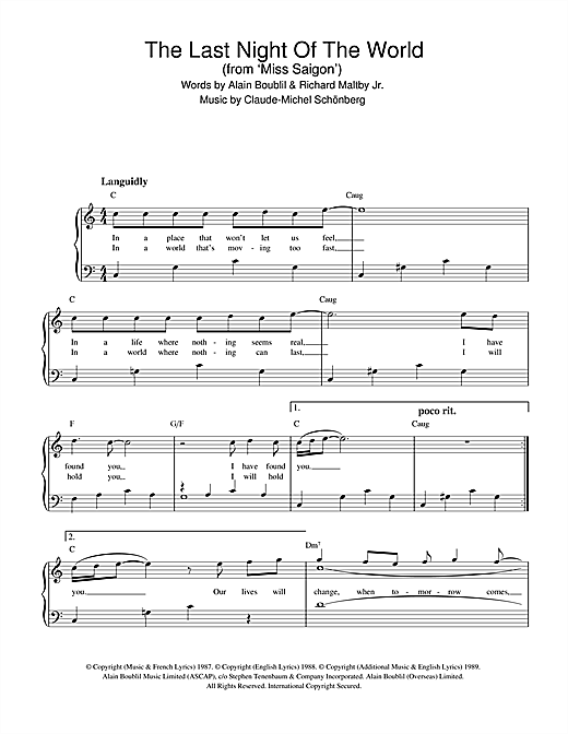 Boublil And Schonberg The Last Night Of The World From Miss Saigon Sheet Music Pdf Notes Chords Musical Show Score Alto Sax Solo Download Printable Sku 190498