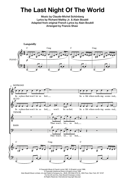 Learn to play Boublil and Schonberg The Last Night Of The World (from Miss Saigon) (arr. Francis Shaw) sheet music for Choir in minutes. Boublil and Schonberg The Last Night Of The World (from Miss Saigon) (arr. Francis Shaw) sheet music notes and chords. Download Printable PDF.