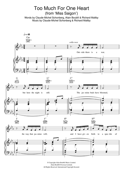 Boublil And Schonberg Too Much For One Heart From Miss Saigon Sheet Music Pdf Notes Chords Musical Show Score Piano Vocal Guitar Right Hand Melody Download Printable Sku 117270