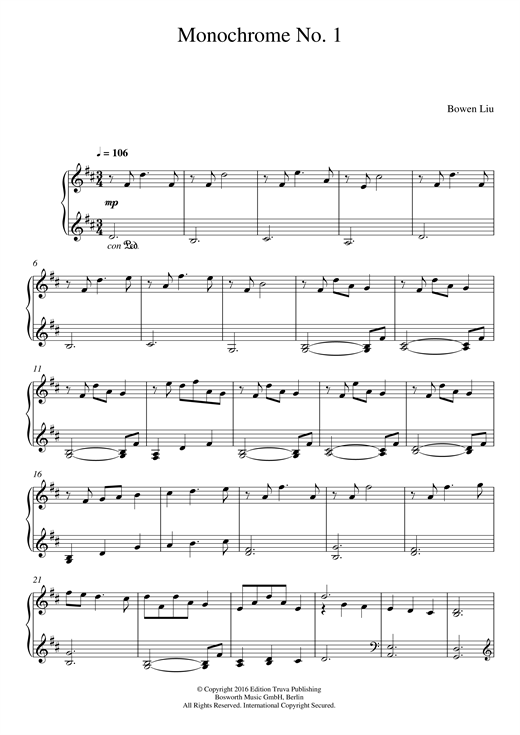 Bowen Liu Monochrome No. 1 sheet music notes and chords. Download Printable PDF.