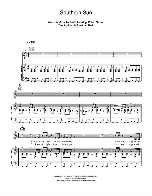 Boy And Bear Southern Sun Sheet Music Pdf Notes Chords Pop Score Piano Vocal Guitar Right Hand Melody Download Printable Sku