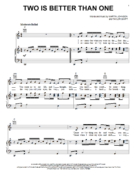 Learn to play Boys Like Girls Two Is Better Than One (feat. Taylor Swift) sheet music for Piano, Vocal & Guitar (Right-Hand Melody) in minutes. Boys Like Girls Two Is Better Than One (feat. Taylor Swift) sheet music notes and chords. Download Printable PDF.