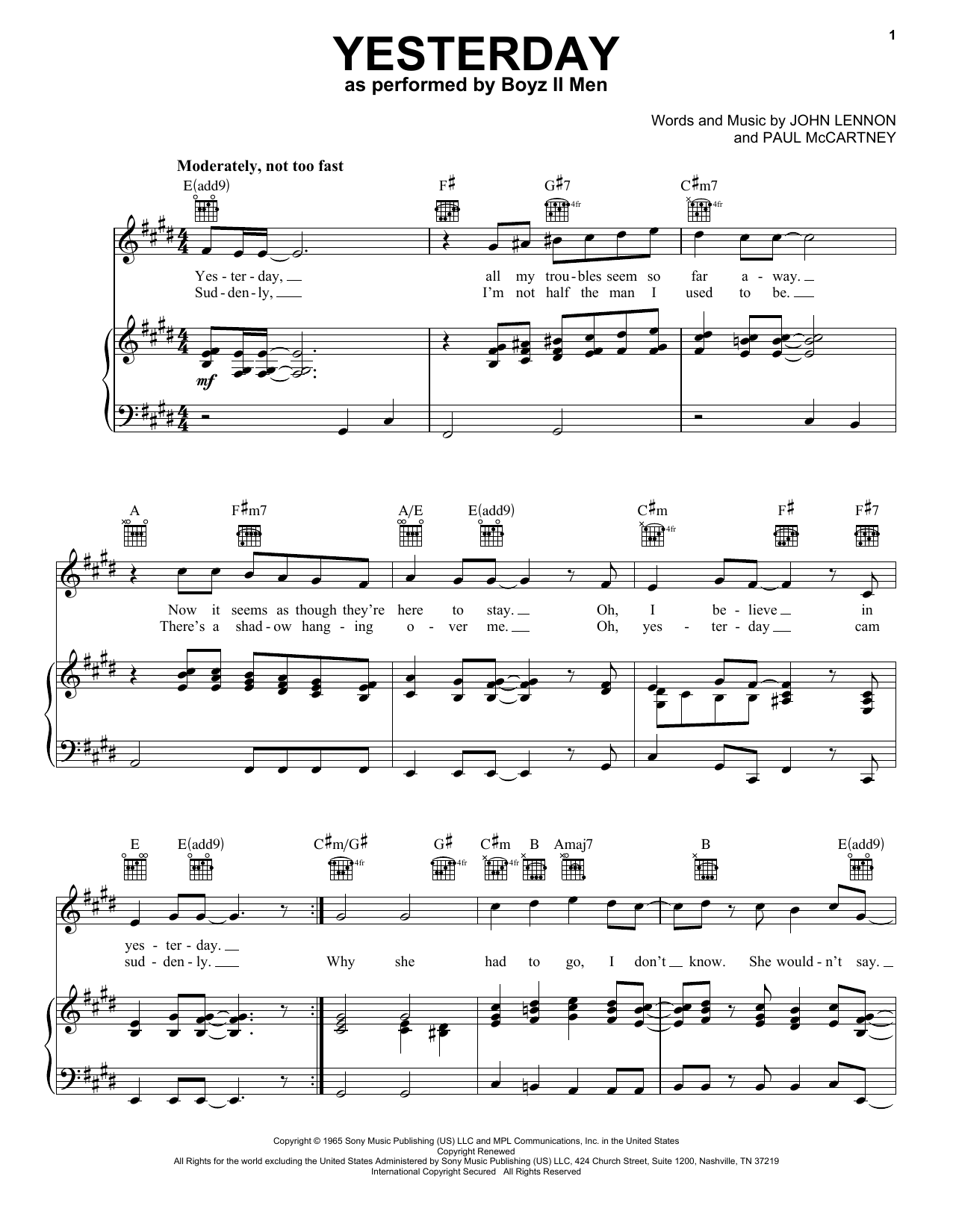 Boyz II Men Yesterday sheet music notes and chords. Download Printable PDF.