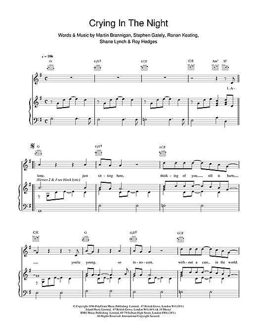 Boyzone Crying In The Night sheet music notes and chords. Download Printable PDF.