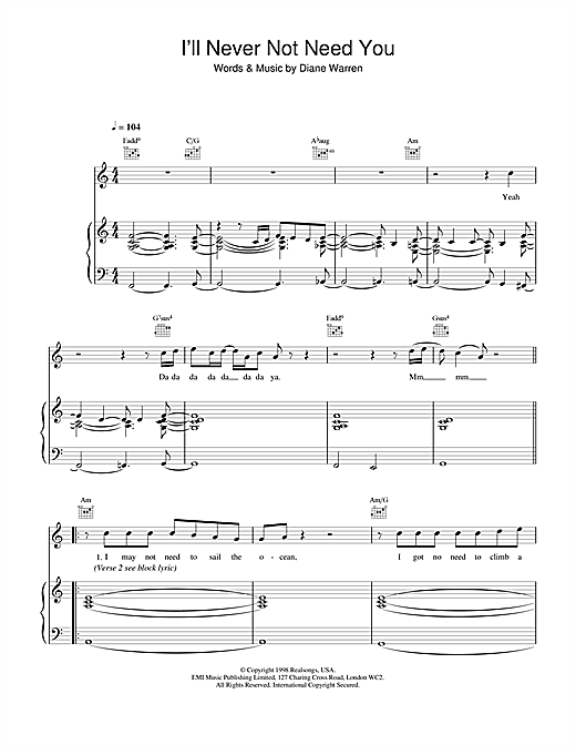 Boyzone I'll Never Not Need You sheet music notes and chords. Download Printable PDF.