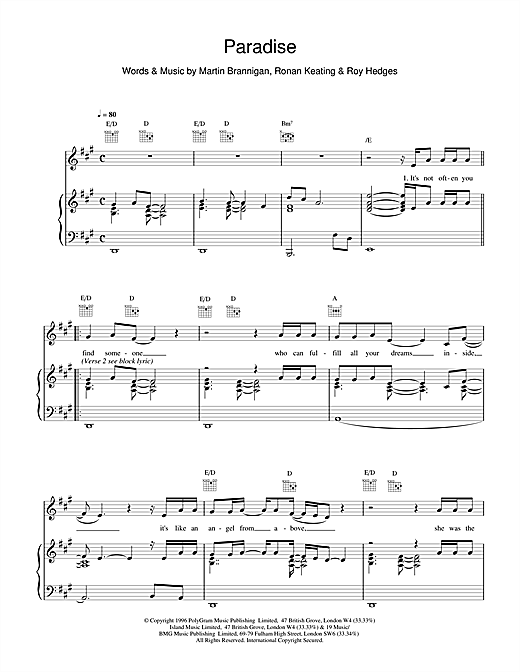Boyzone Paradise sheet music notes and chords. Download Printable PDF.