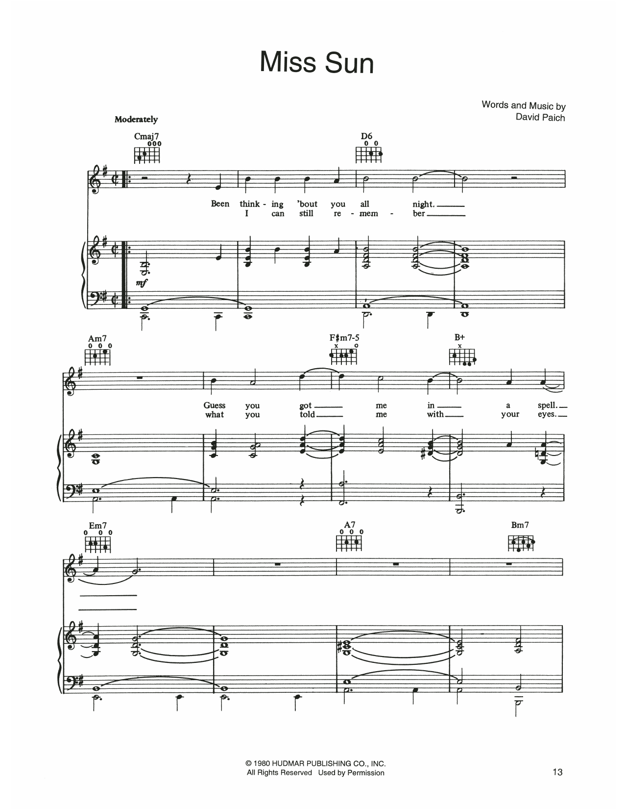 Boz Scaggs Miss Sun sheet music notes and chords. Download Printable PDF.