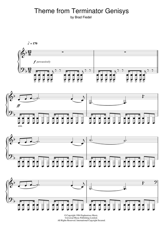 Learn to play Brad Fiedel Terminator Theme sheet music for Piano Solo in minutes. Brad Fiedel Terminator Theme sheet music notes and chords