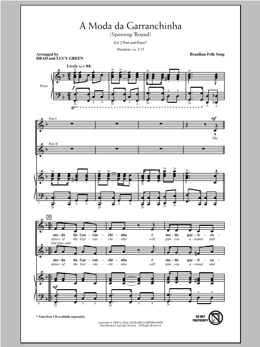 Learn to play Traditional A Moda Da Garranchinha (Spinning 'Round) (arr. Brad Green) sheet music for 2-Part Choir in minutes. Price: 3.9900$ Traditional A Moda Da Garranchinha (Spinning 'Round) (arr. Brad Green) sheet music notes and chords arranged for 2-Part Choir