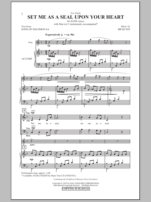 Learn to play Brad Nix Set Me As A Seal sheet music for SATB Choir in minutes. Price: 3.9900$ Brad Nix Set Me As A Seal sheet music notes and chords arranged for SATB Choir