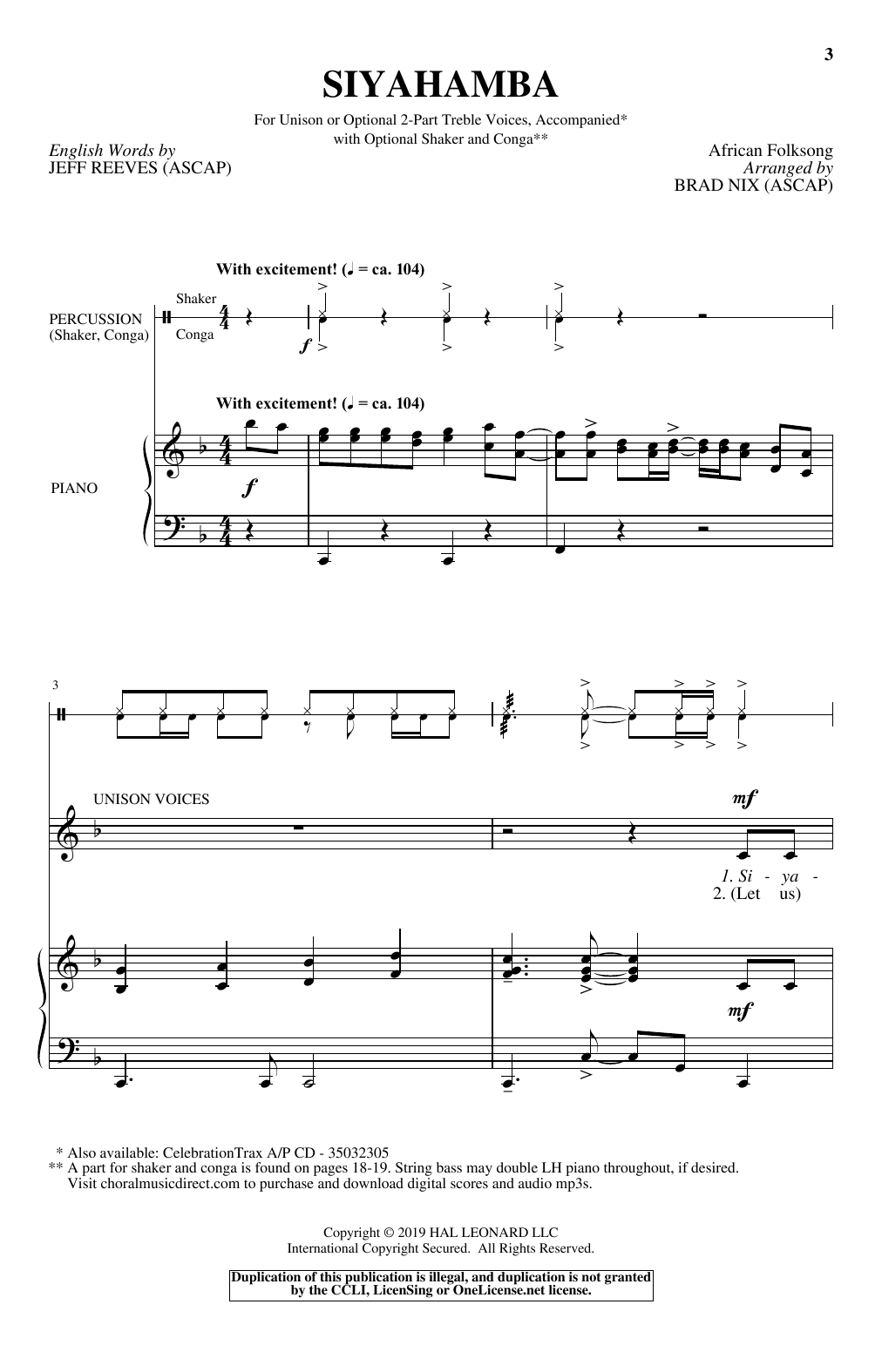 Brad Nix Siyahamba sheet music notes and chords. Download Printable PDF.