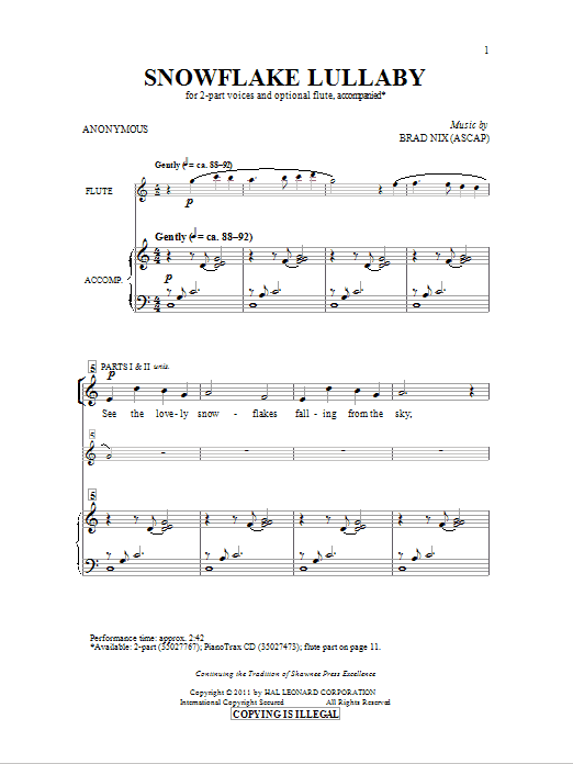 Brad Nix Snowflake Lullaby sheet music notes and chords. Download Printable PDF.