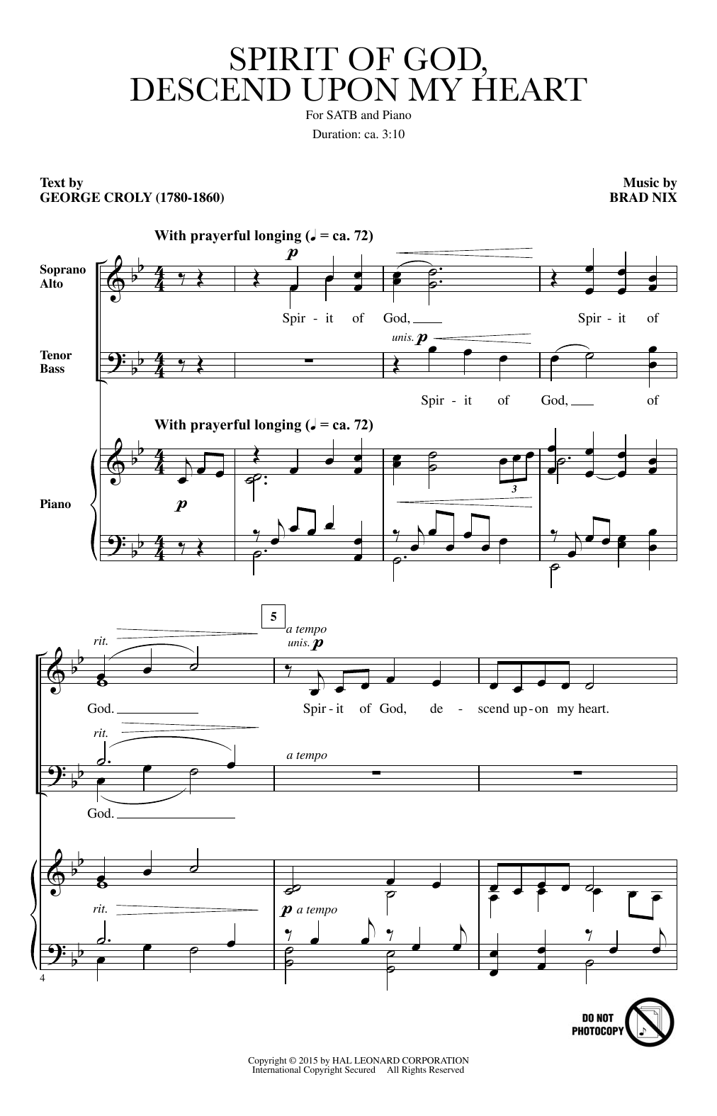 Learn to play Brad Nix Spirit Of God, Descend Upon My Heart sheet music for SATB Choir in minutes. Price: 3.9900$ Brad Nix Spirit Of God, Descend Upon My Heart sheet music notes and chords arranged for SATB Choir