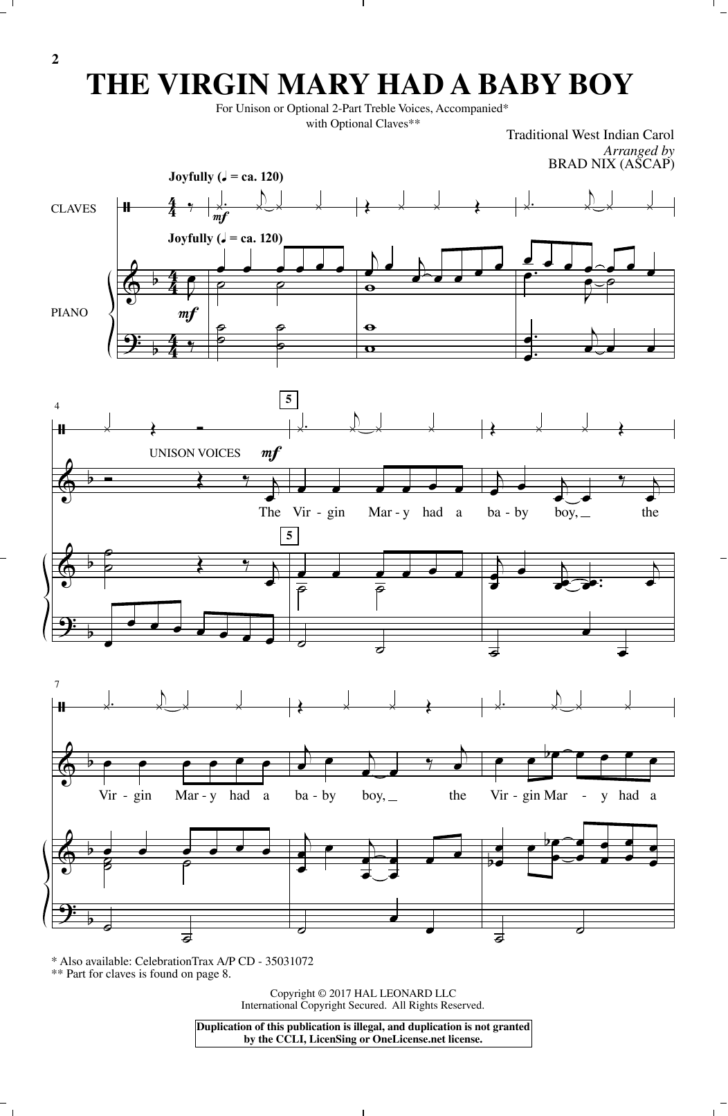 Brad Nix The Virgin Mary Had A Baby Boy Sheet Music Pdf Notes Chords Christmas Score Unison Choir Download Printable Sku 177027