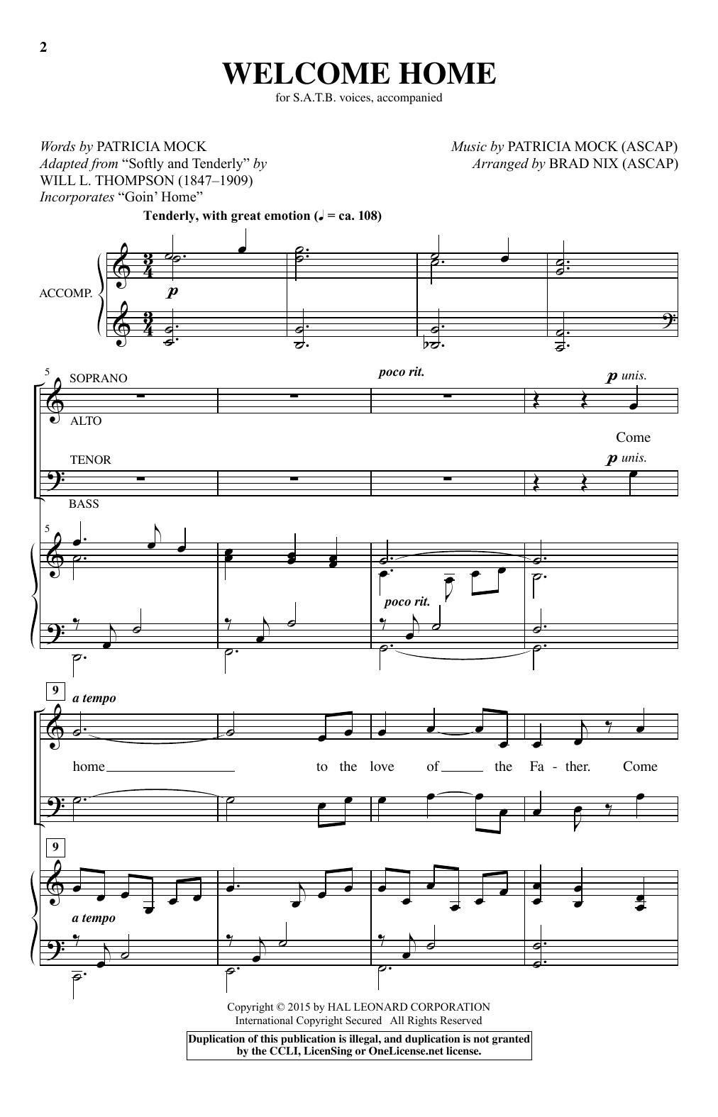 Patricia Mock Welcome Home (arr. Brad Nix) sheet music notes and chords. Download Printable PDF.