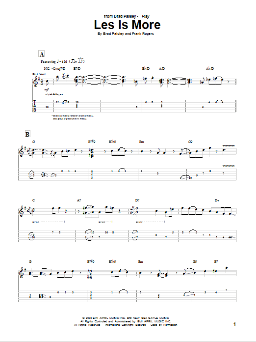 Learn to play Brad Paisley Les Is More sheet music for Guitar Tab in minutes. Price: 7.8900$ Brad Paisley Les Is More sheet music notes and chords arranged for Guitar Tab