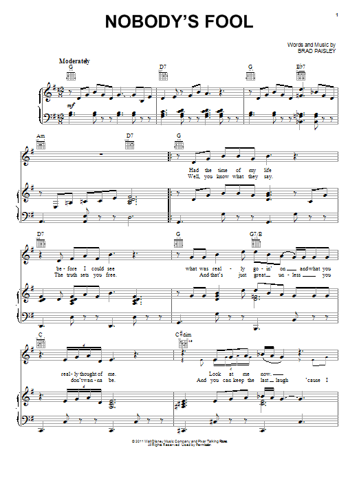 Brad Paisley Nobody's Fool sheet music notes and chords. Download Printable PDF.