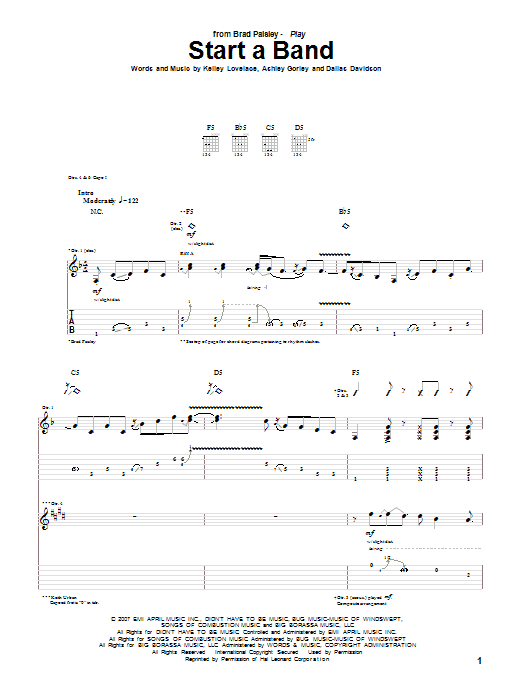 Learn to play Brad Paisley Start A Band sheet music for Guitar Tab (Single Guitar) in minutes. Brad Paisley Start A Band sheet music notes and chords. Download Printable PDF.