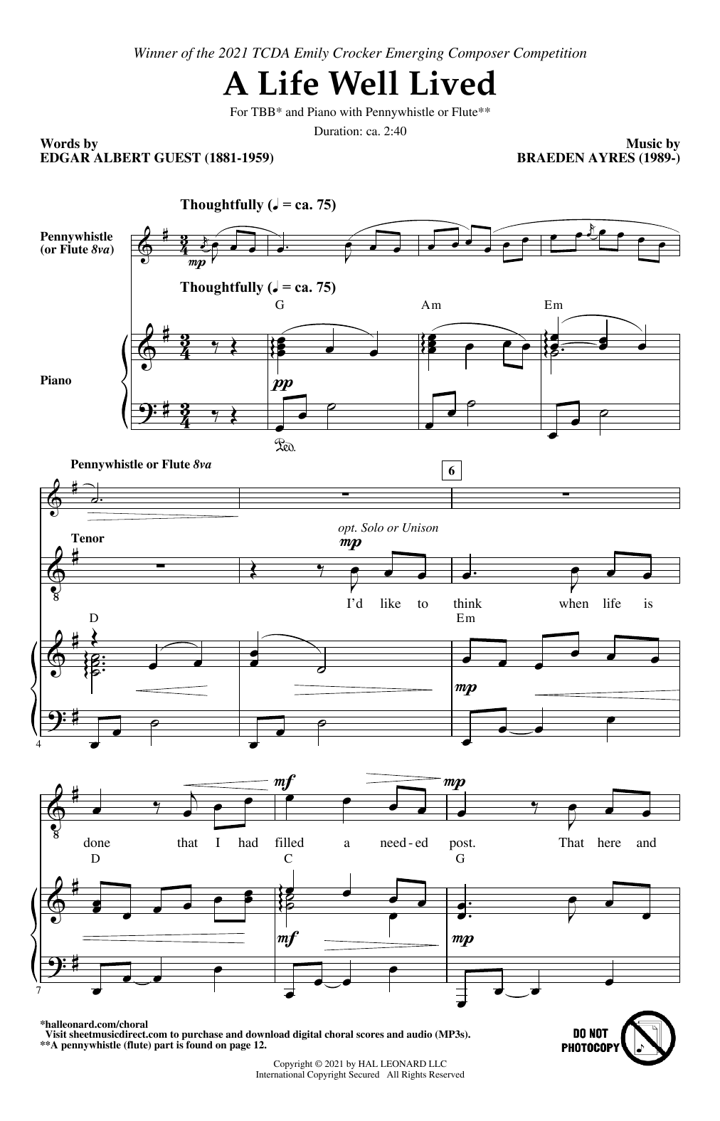 Learn to play Braeden Ayres A Life Well Lived sheet music for TBB Choir in minutes. Price: 3.9900$ Braeden Ayres A Life Well Lived sheet music notes and chords arranged for TBB Choir