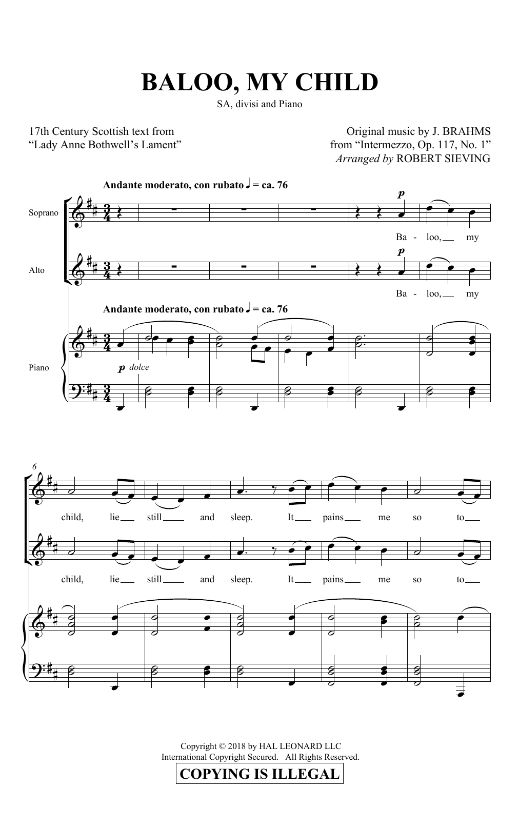 Learn to play Brahms, Johannes Baloo, My Child (arr. Robert Sieving) sheet music for 2-Part Choir in minutes. Price: 3.9900$ Brahms, Johannes Baloo, My Child (arr. Robert Sieving) sheet music notes and chords arranged for 2-Part Choir