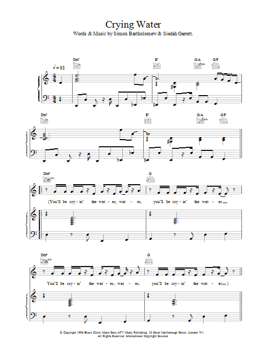 Learn to play The Brand New Heavies Crying Water sheet music for Piano, Vocal & Guitar in minutes. Price: 7.8900$ The Brand New Heavies Crying Water sheet music notes and chords. Download Printable PDF.