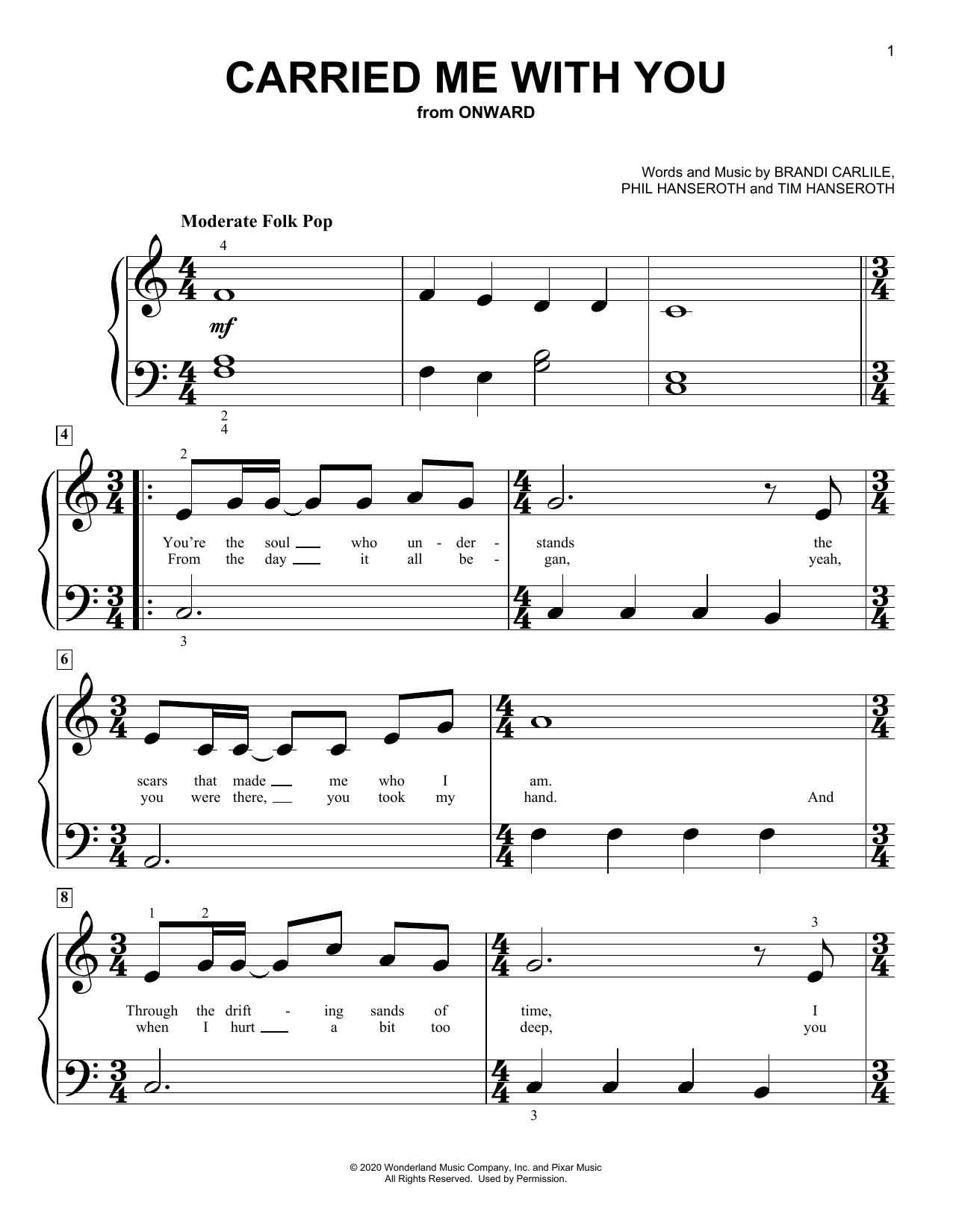 Brandi Carlile Carried Me With You (from Onward) sheet music notes and chords. Download Printable PDF.