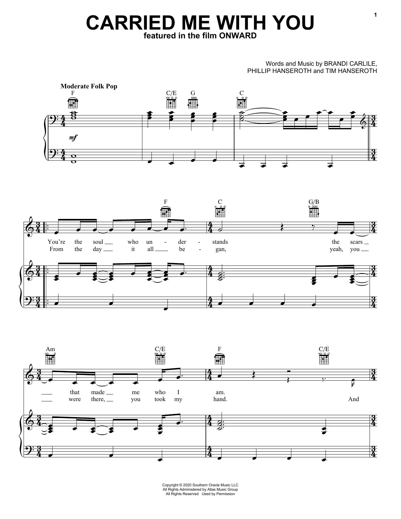 Brandi Carlile Carried Me With You From Onward Sheet Music Pdf Notes Chords Disney Score Piano Vocal Guitar Right Hand Melody Download Printable Sku 443828