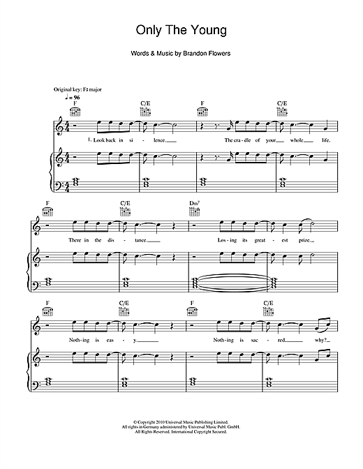 Learn to play Brandon Flowers Only The Young sheet music for Piano, Vocal & Guitar (Right-Hand Melody) in minutes. Brandon Flowers Only The Young sheet music notes and chords. Download Printable PDF.