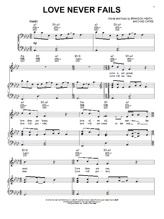 Brandon Heath Love Never Fails sheet music notes and chords. Download Printable PDF.