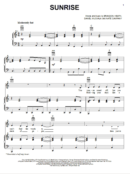 Brandon Heath Sunrise sheet music notes and chords. Download Printable PDF.