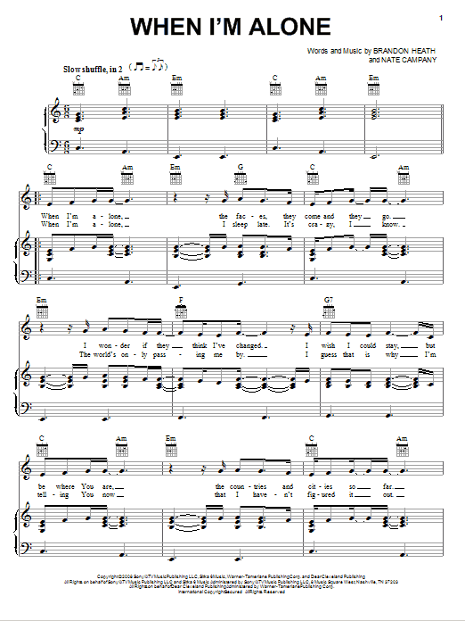 Brandon Heath When I'm Alone sheet music notes and chords. Download Printable PDF.