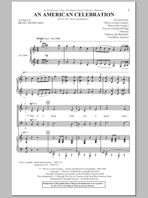 Brant Adams An American Celebration sheet music notes and chords. Download Printable PDF.