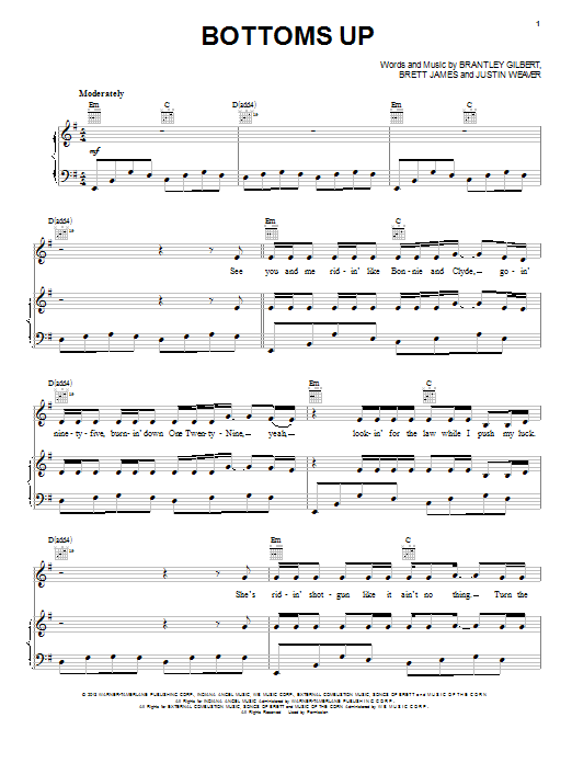 Brantley Gilbert Bottoms Up sheet music notes and chords. Download Printable PDF.