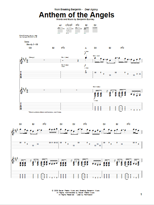 Learn to play Breaking Benjamin Anthem Of The Angels sheet music for Guitar Tab in minutes. Price: 7.8900$ Breaking Benjamin Anthem Of The Angels sheet music notes and chords arranged for Guitar Tab