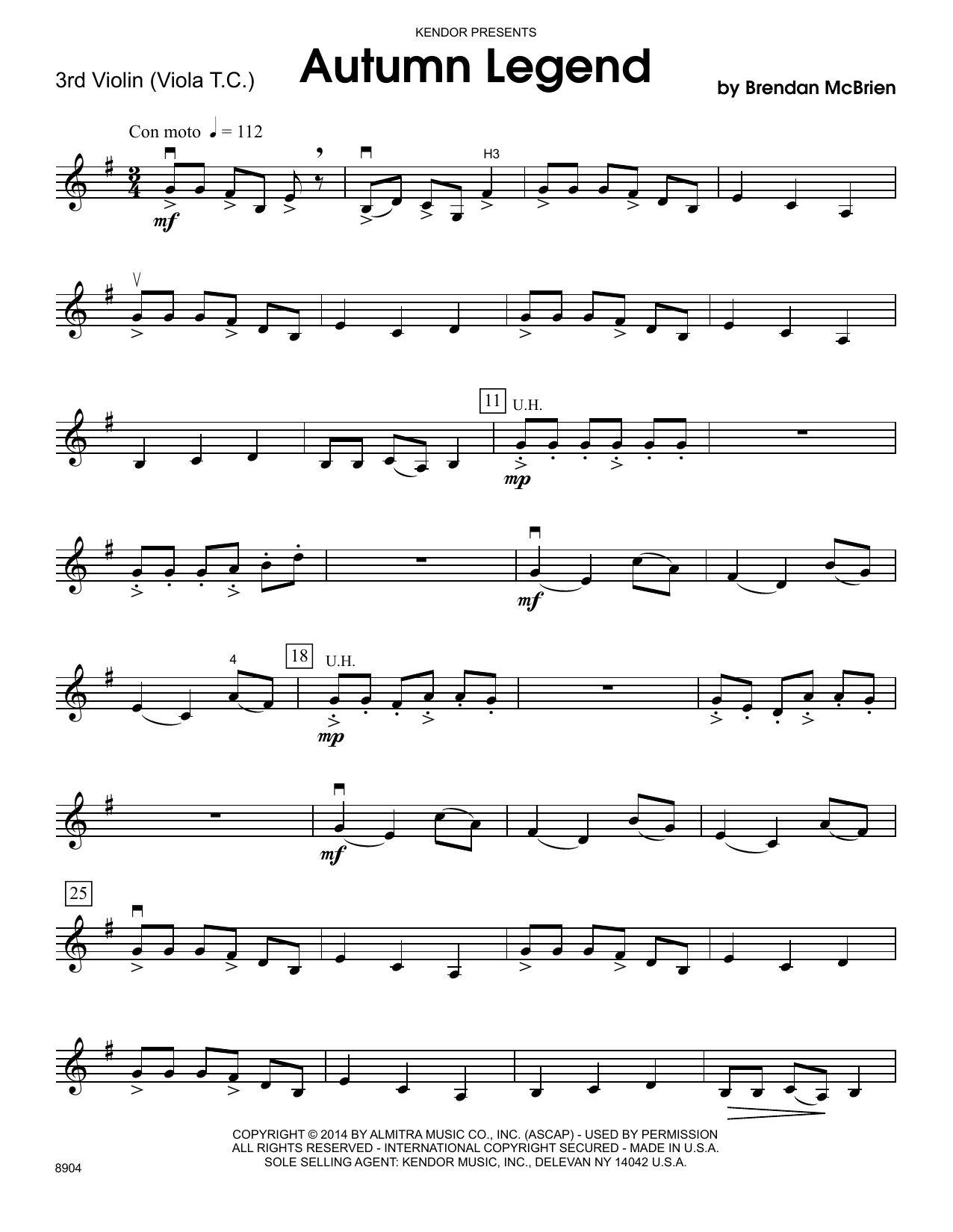 Learn to play Brendan McBrien Autumn Legend - 3rd Violin sheet music for Orchestra in minutes. Brendan McBrien Autumn Legend - 3rd Violin sheet music notes and chords. Download Printable PDF.