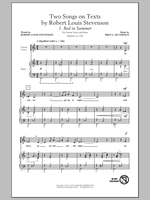 Bret L. Silverman Two Songs On Texts By Robert Louis Stevenson sheet music notes and chords. Download Printable PDF.