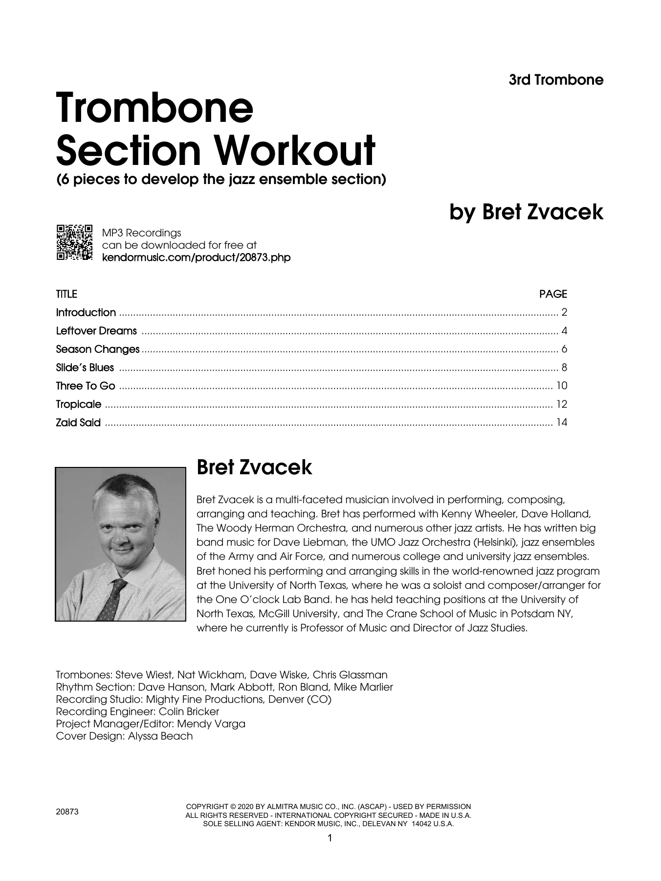 Bret Zvacek Trombone Section Workout with MP3's (6 pieces to develop the jazz ensemble section) - 3rd Trombone sheet music notes and chords. Download Printable PDF.