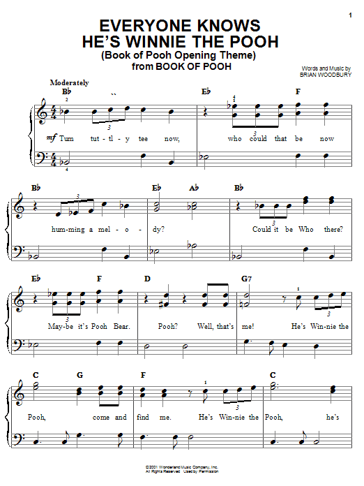 Learn to play Brian Woodbury Everyone Knows He's Winnie The Pooh (Book Of Pooh Opening Theme) sheet music for Easy Piano in minutes. Price: 6.9900$ Brian Woodbury Everyone Knows He's Winnie The Pooh (Book Of Pooh Opening Theme) sheet music notes and chords arranged for Easy Piano
