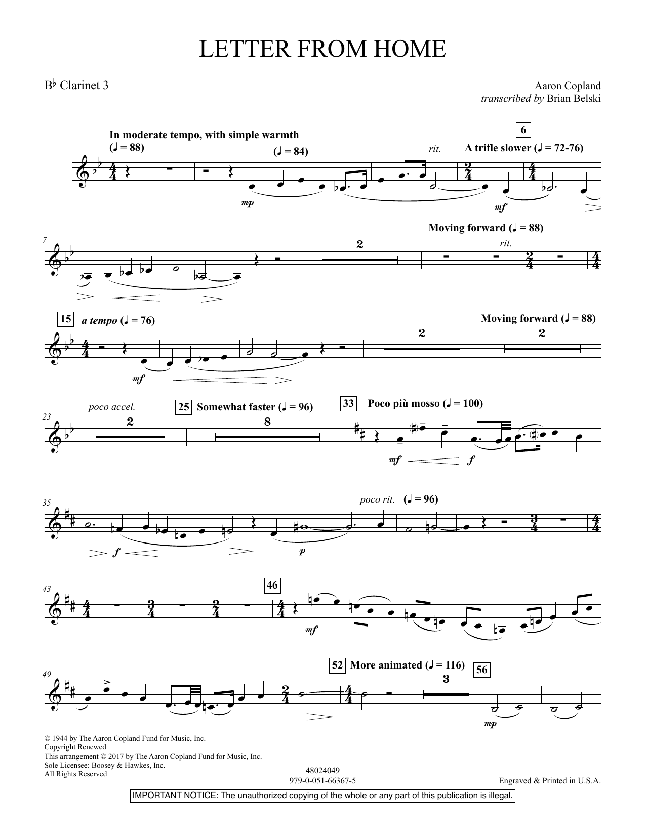Brian Belski Letter From Home Bb Clarinet 3 Sheet Music Pdf Notes Chords Classical Score Concert Band Download Printable Sku 372189