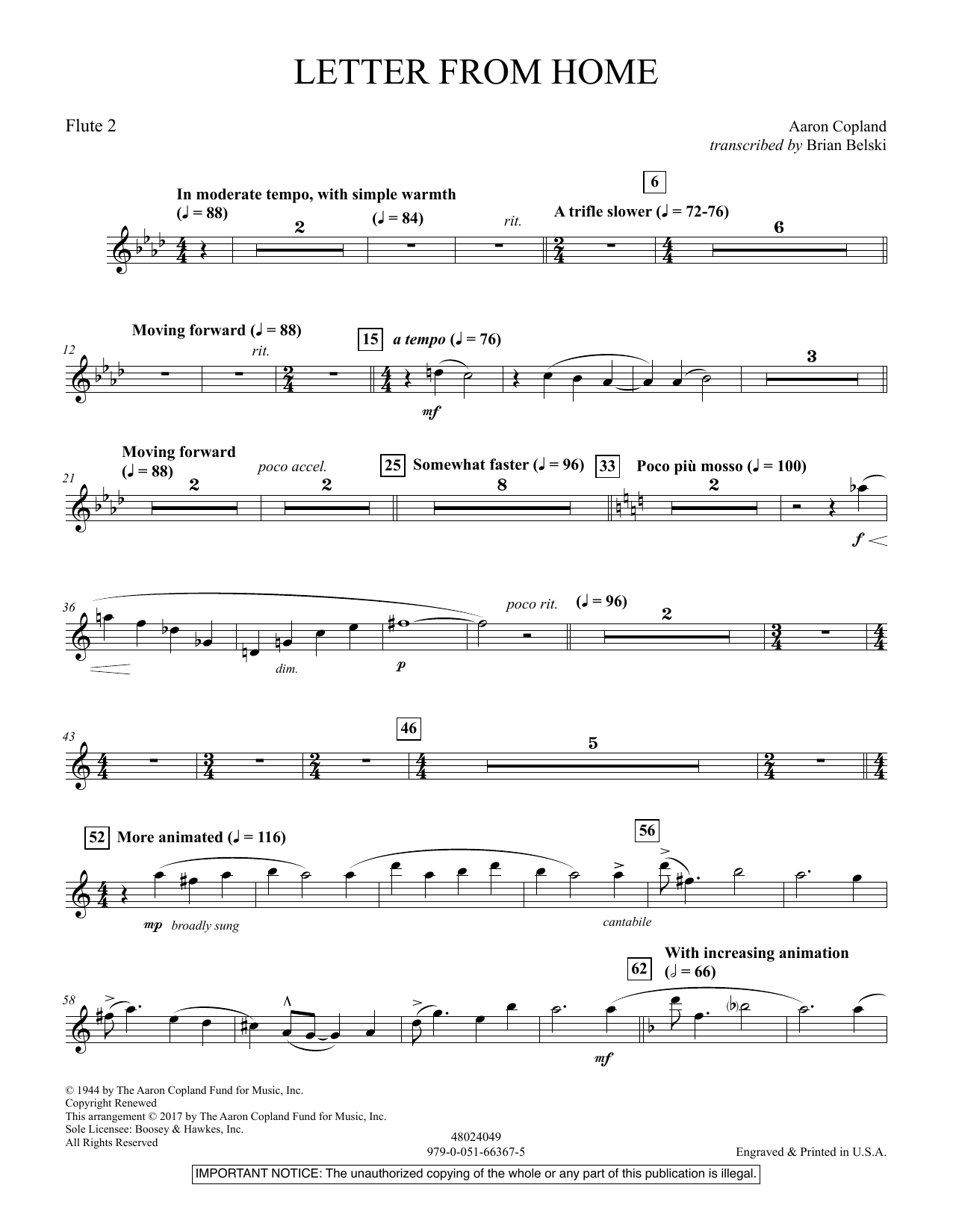 Brian Belski Letter From Home Flute 2 Sheet Music Pdf Notes Chords Classical Score Concert Band Download Printable Sku 372184